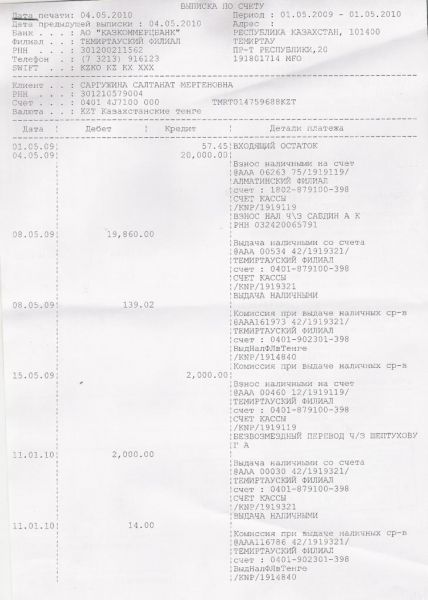 Выписка со счета ККБ за период с 01.05.09г. по 01.05.10г 1й 