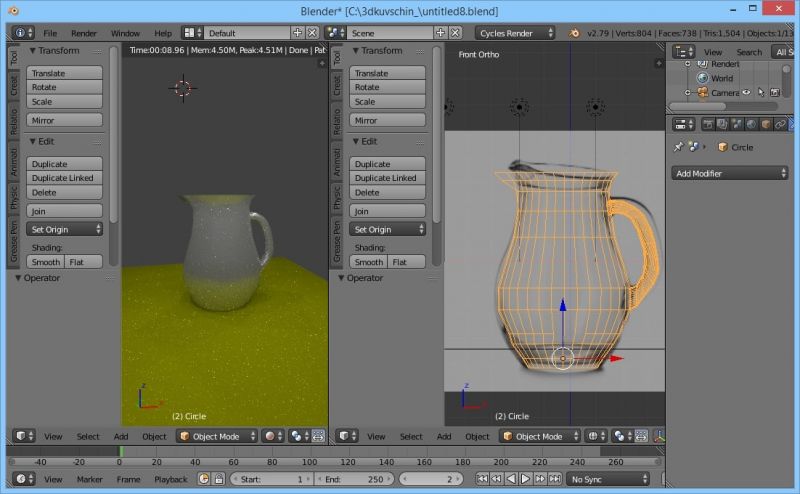 3D кувшин, это последняя 3D модель по настаящему кувшину (обучение), слева отрендерин, справа фотография настоящего кувшина и режим wireframe