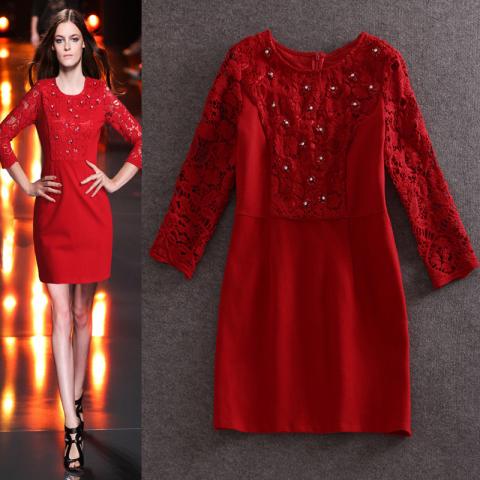 HIGH-QUALITY-New-2015-Fashion-Runway-Dress-Women-s-3-4-Sleeve-Beading-Red-Lace-Patchwork.jpg